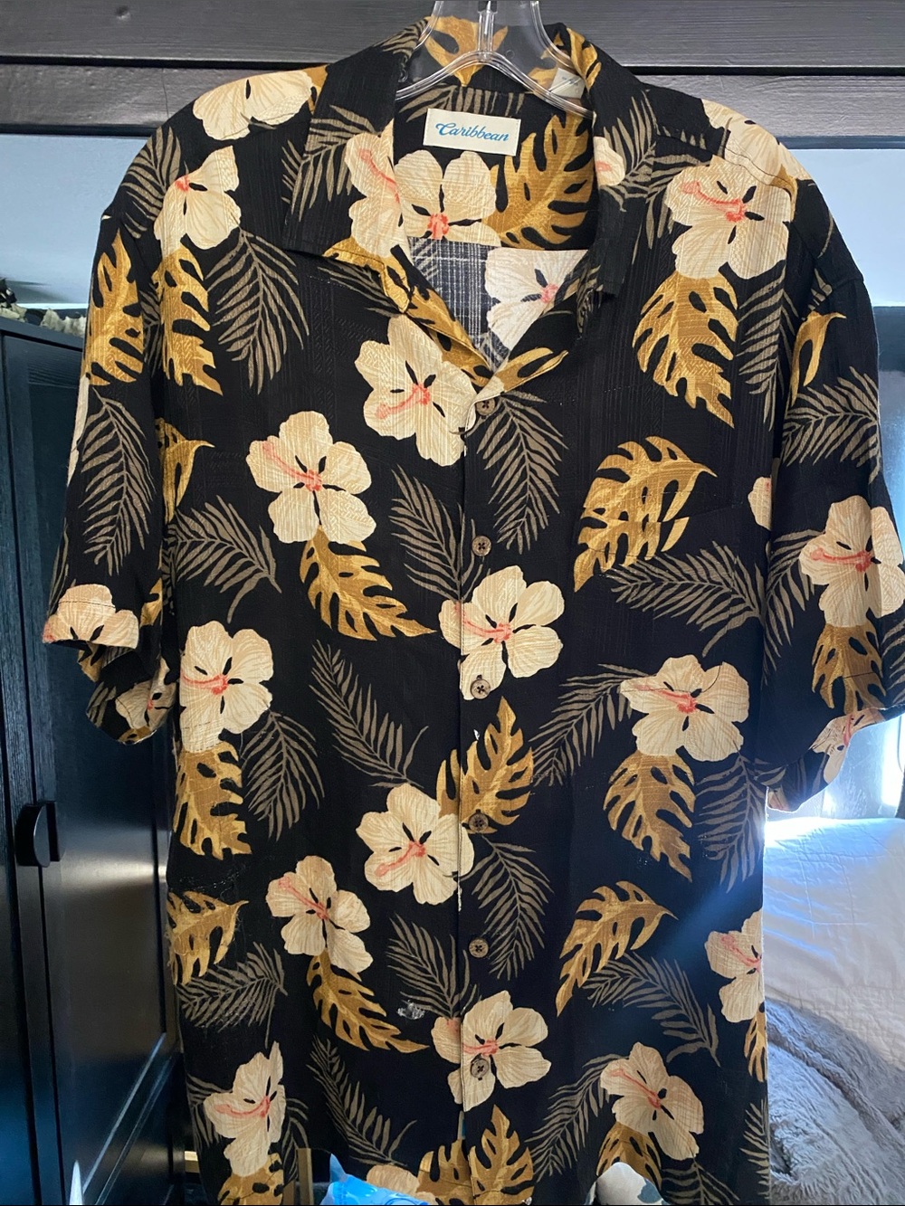 Caribbean Black Short-Sleeve Floral Button-Down Shirt
